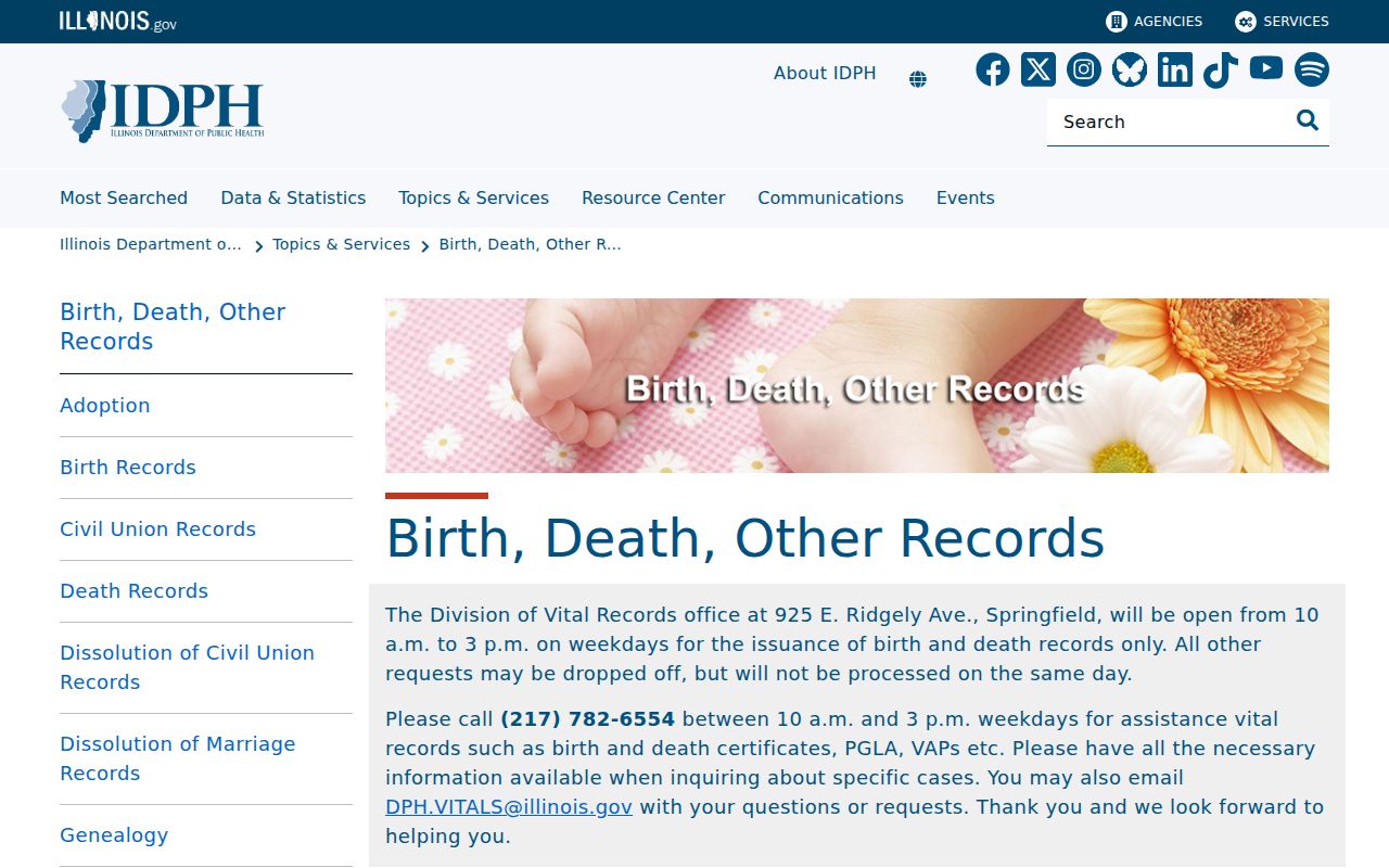 Illinois Department of Public Health vital records access page used for Lockport research
