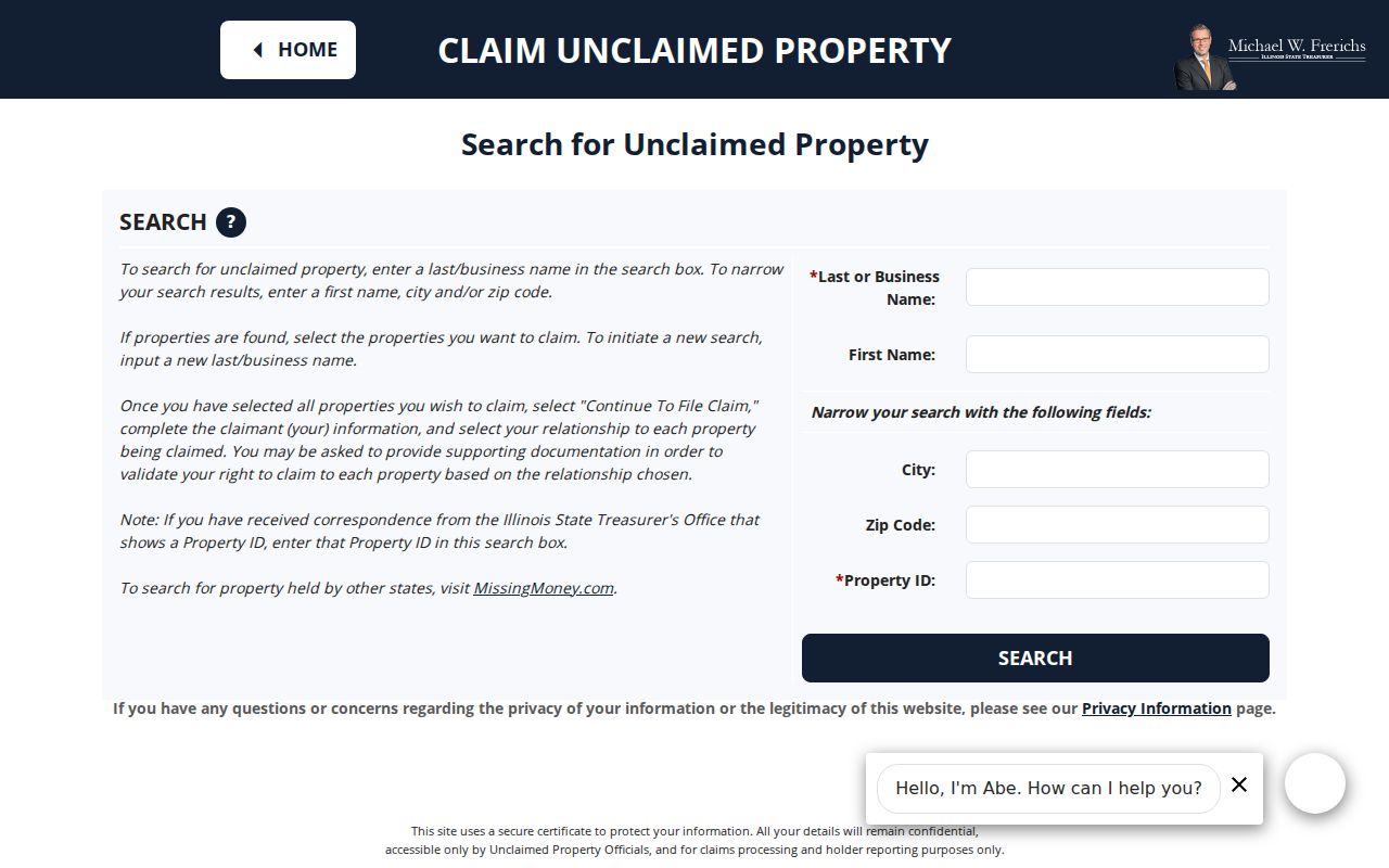 Illinois Treasurer I-Cash name and location search for unclaimed property