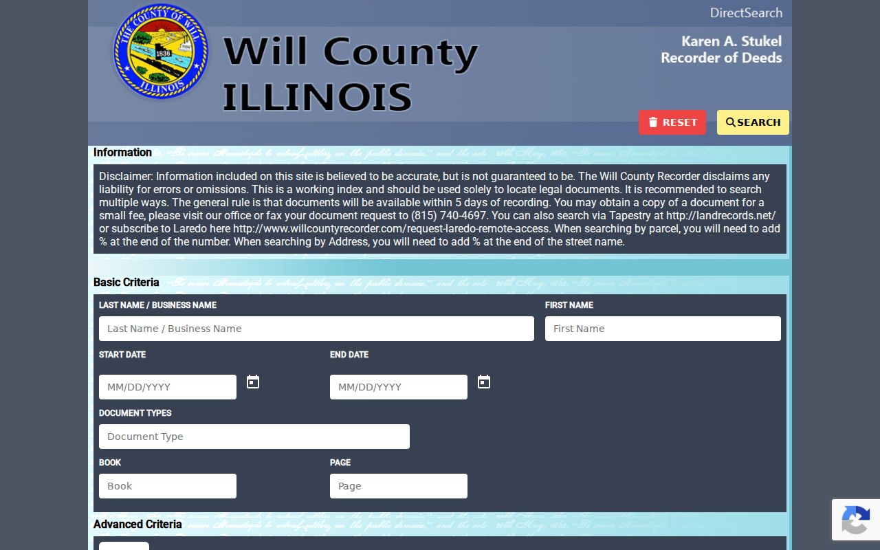 Free Will County recorded document index for Lockport address history