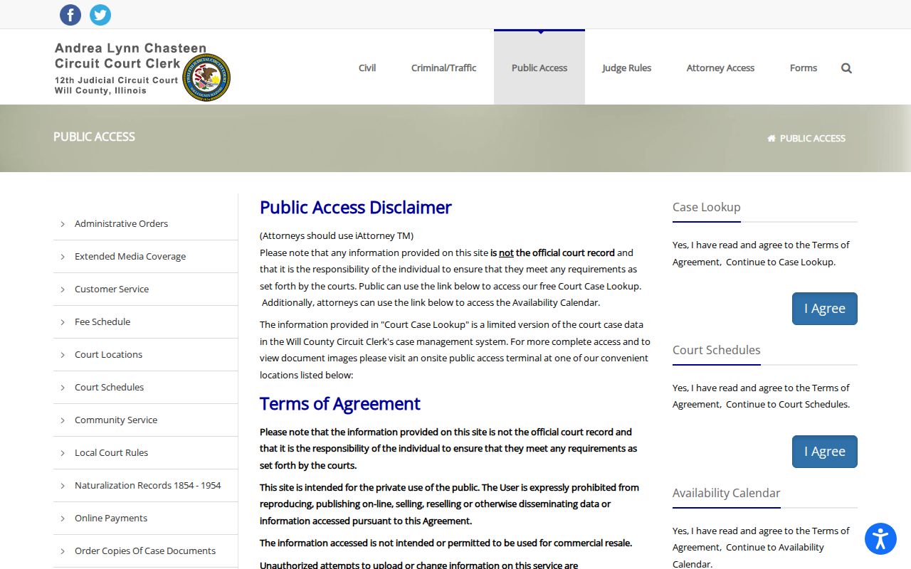Will County case search access terms used for a Lockport resident lookup