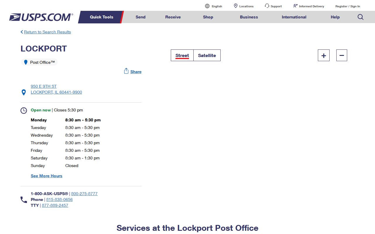 USPS Lockport Post Office page for ZIP code 60441